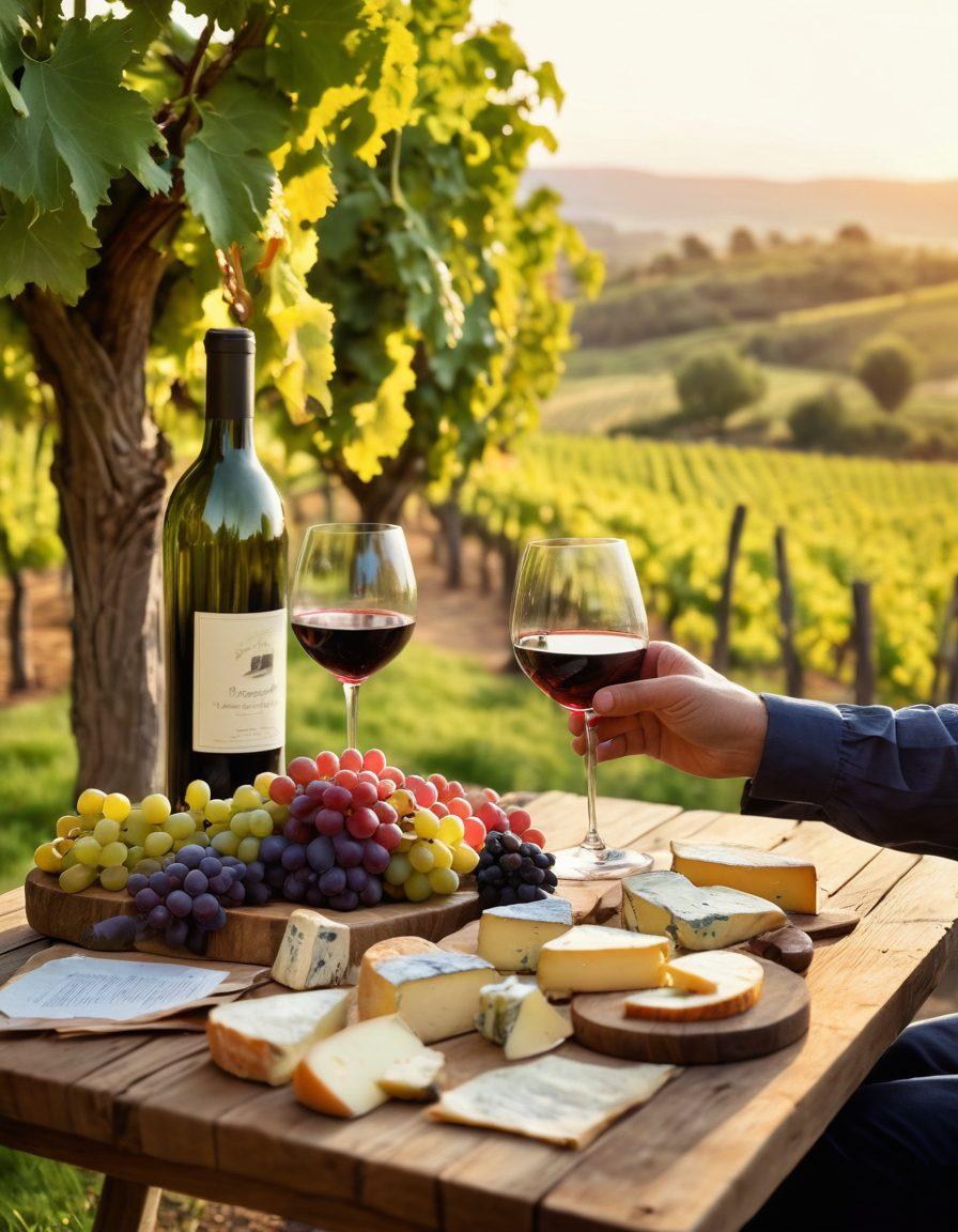 A beautiful vineyard landscape at sunset, featuring rows of lush grapevines and a rustic wooden table set with delicious artisanal cheeses and a selection of fine wines. In the foreground, a couple clinking glasses while savoring gourmet food pairings, with a soft glow of the evening sun reflecting on their faces. The scene evokes warmth and sophistication, capturing the essence of wine country. painterly style. vibrant colors. romantic atmosphere.