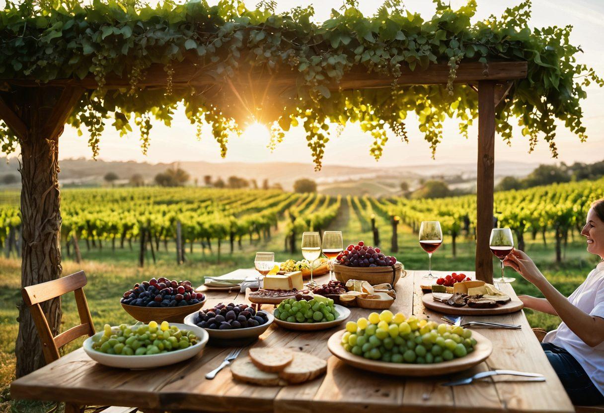 A lush vineyard landscape during golden hour, with clusters of ripe grapes hanging from vibrant green vines. In the foreground, a wooden table set for a joyful gathering, adorned with gourmet dishes, wine glasses filled with red and white wine, and a rustic cheese board. Lightly blurred, happy people enjoying their food and wine, with rolling hills and the setting sun in the background. Soft bokeh effect for a warm vibe. super-realistic. vibrant colors. golden hour lighting.
