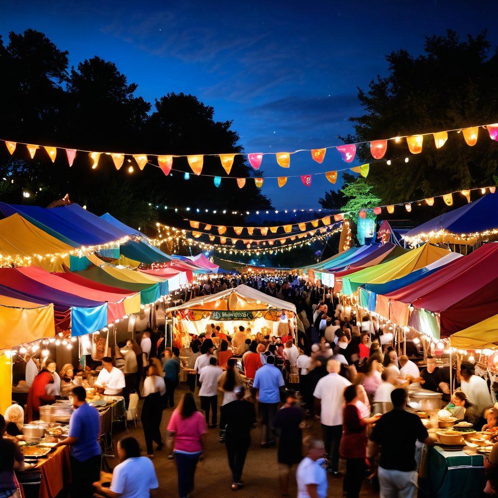 A vibrant festival scene showcasing diverse culinary stalls with colorful banners, people enjoying diverse dishes, and a festive atmosphere filled with laughter and celebration. Include elements such as chefs passionately cooking, local musicians performing, and families sharing meals together under twinkling string lights. Captivate the essence of community and flavor. super-realistic. vibrant colors. warm lighting.